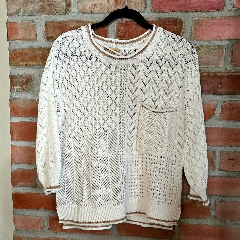 Democracy Pointelle Tipped Sweater, White, Small, New/No Tags